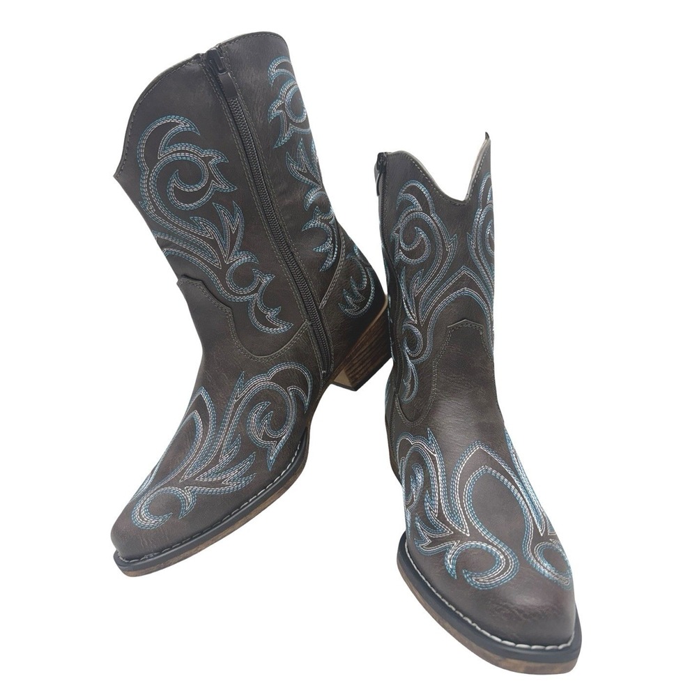Dream Pairs Women's Cowboy Western Boots Brown Blue Stitch Size 8.5 Side Zip